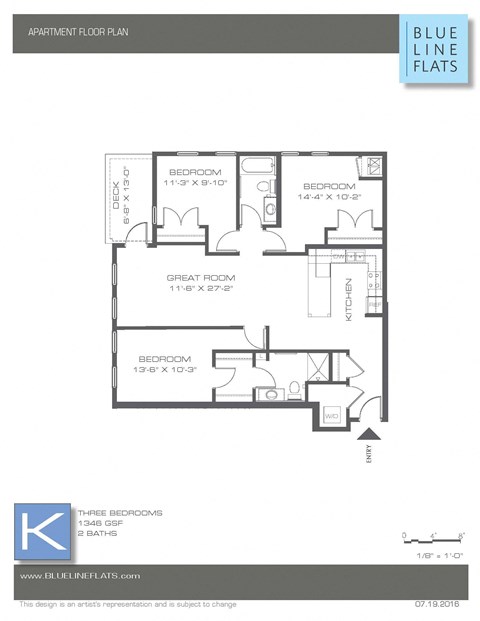 Floor plan for 3 beds, 2 baths, 1267 sqft